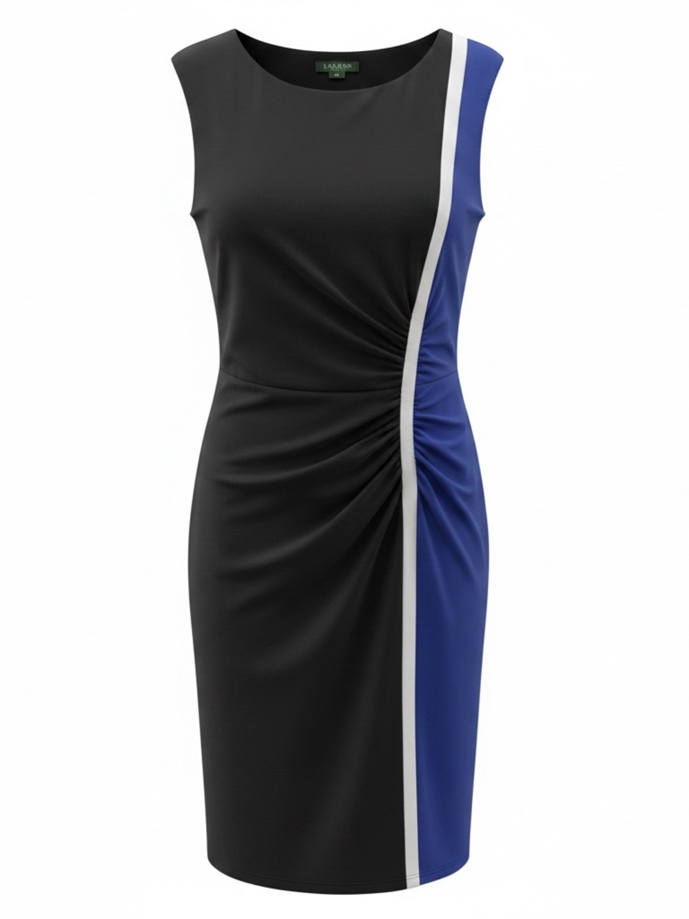 Ralph Lauren Black, Royal Blue and White Sleeveless Ruched Side-Panel Midi Dress